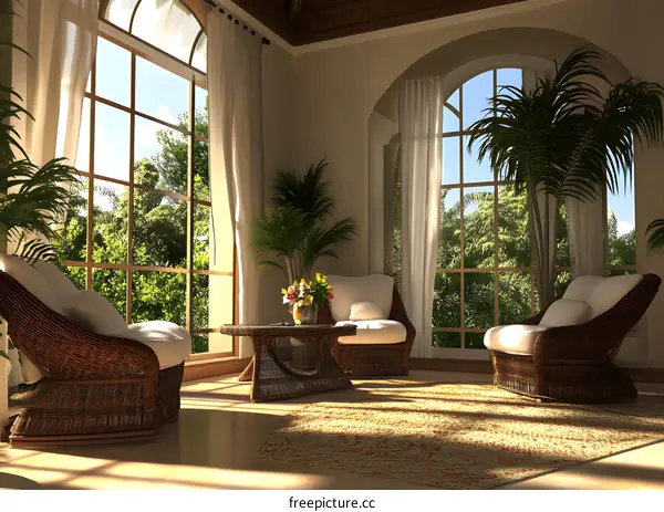 Tropical Living Room with Wicker Chairs and View