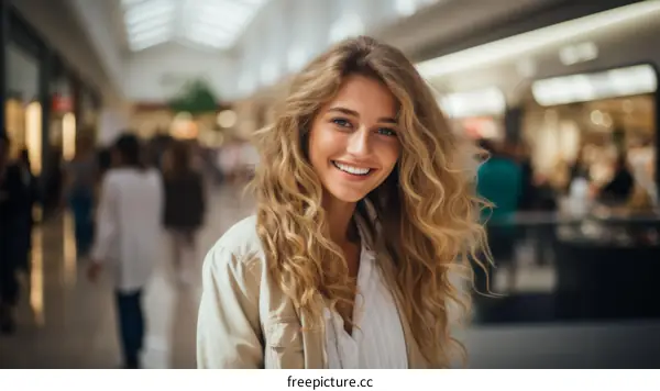 Portrait of a smiling young woman with long blond hair wearing a white shirt and tan jacket in a shopping mall