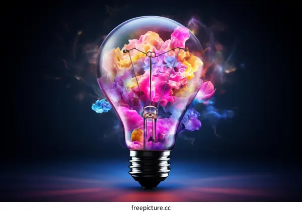 Light bulb with colorful flowers and smoke