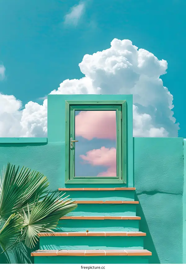 Surreal Sky Door With Pink Clouds and Green Palm Tree