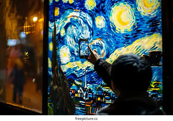 Person Taking a Photo of Starry Night Painting