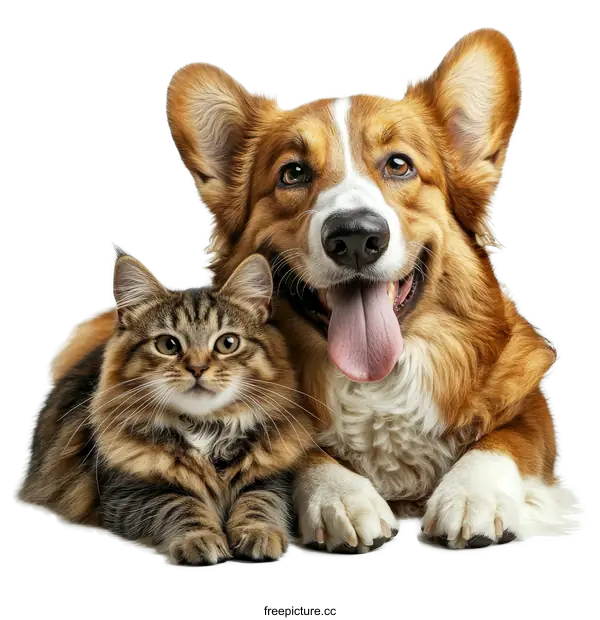 [Transparent Background PNG]Friendly Dog and Cat Pair on White Background
