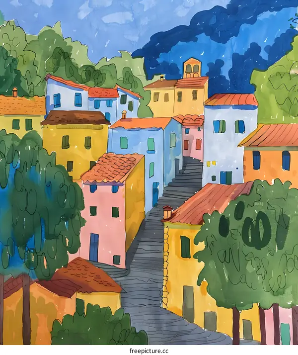 Watercolor Painting of Colorful Buildings and Trees