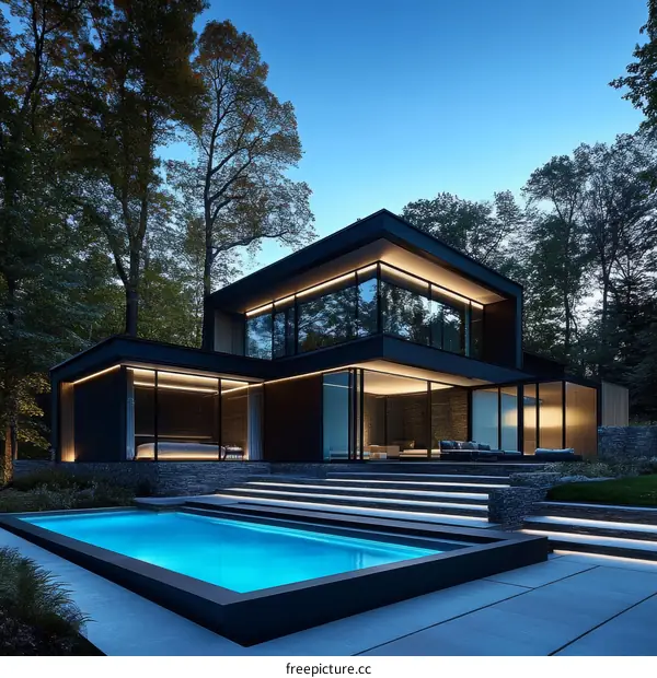 Modern House with Swimming Pool at Dusk