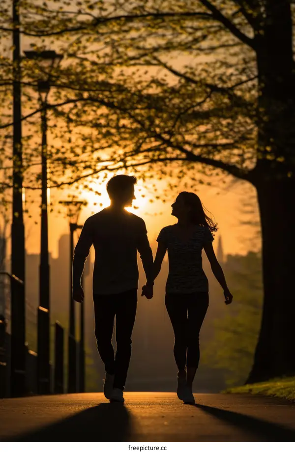 Couple walking hand in hand at sunset