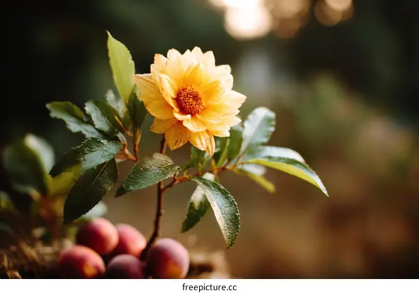 Beautiful Yellow Flower with Fresh Green Leaves and Ripe Plums