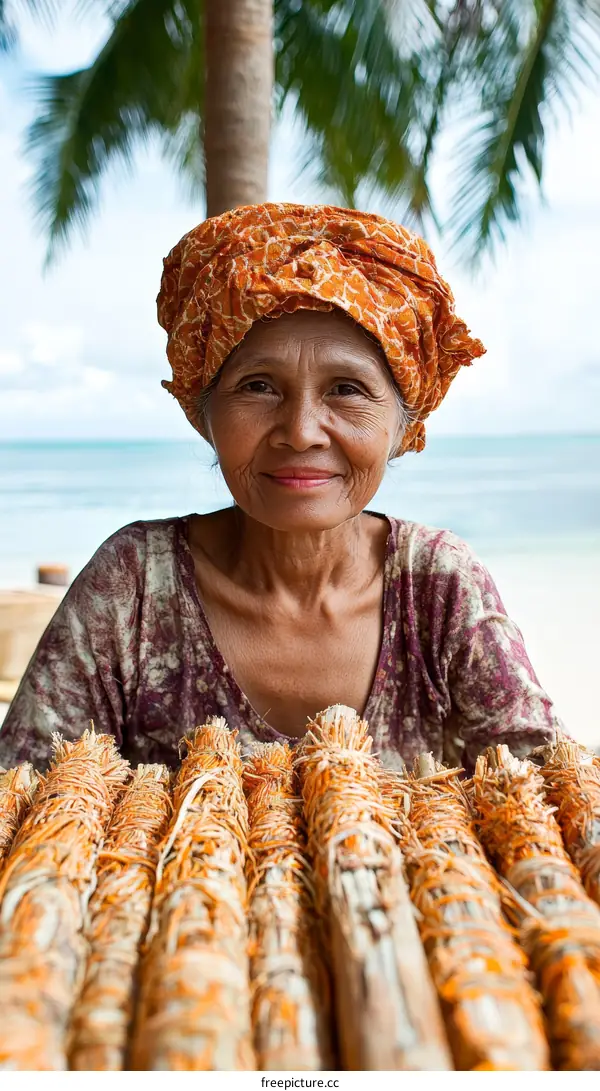 Elderly Woman Holding Dried Palm Branches on Beach