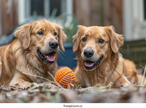 Two Golden Retrievers Lying on the Ground