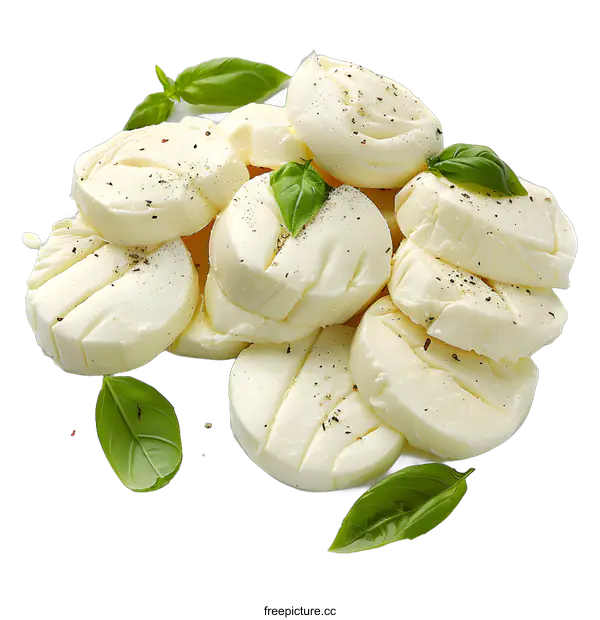 [Transparent Background PNG]Slices of fresh mozzarella cheese with basil leaves and peppercorns