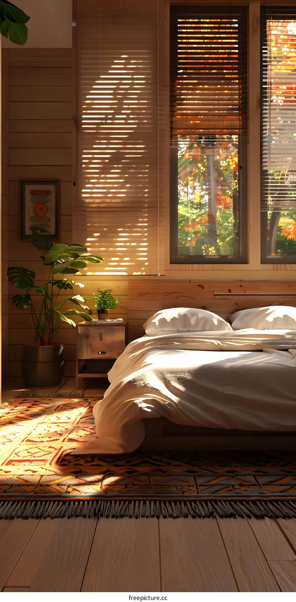 The sunlight shines through the blinds onto the bed and the floor.