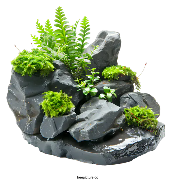 [Transparent Background PNG]Small Black Rocks with Green Moss and Ferns