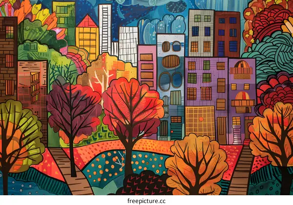 Colorful Illustration Of A Cityscape With Trees