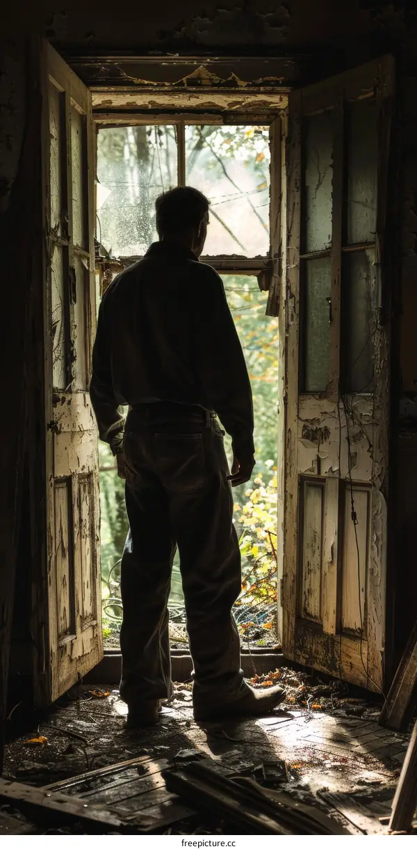 Man looking out of a broken door