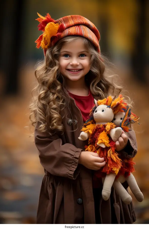 Little girl with curly hair holding two dolls in the autumn forest