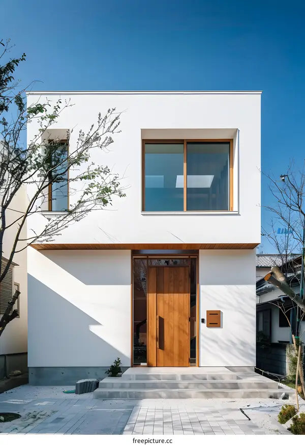 Modern White House with Wooden Door and Windows