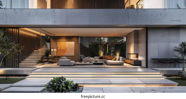 Modern house exterior with large glass windows and a terrace with steps leading up to it