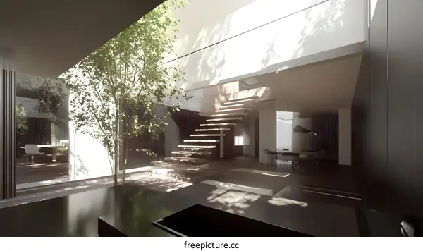 Modern Minimalist Home Interior Design with Wooden Stairs and Greenery