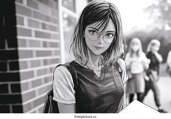 Teenage Girl with Glasses and Backpack in School Setting
