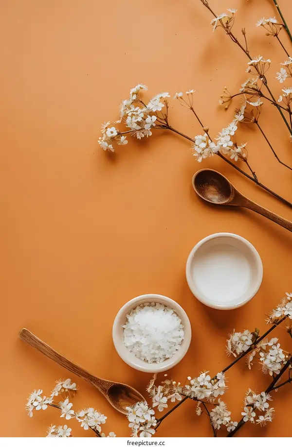 Minimalist Spa Setting with Flowers and Wooden Spoons