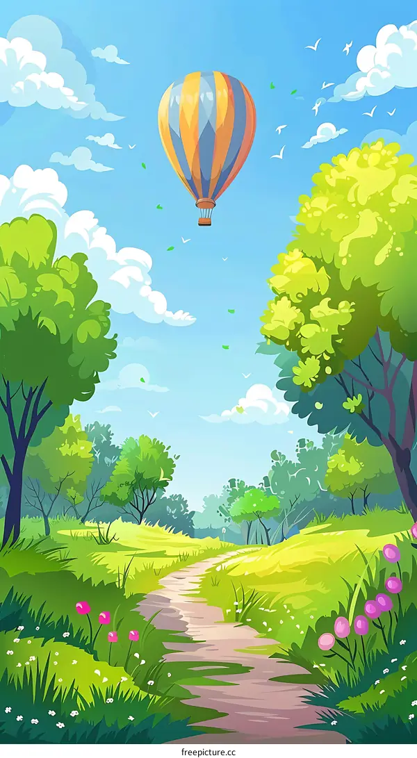 Colorful Hot Air Balloon Flying Over Green Meadow With Trees