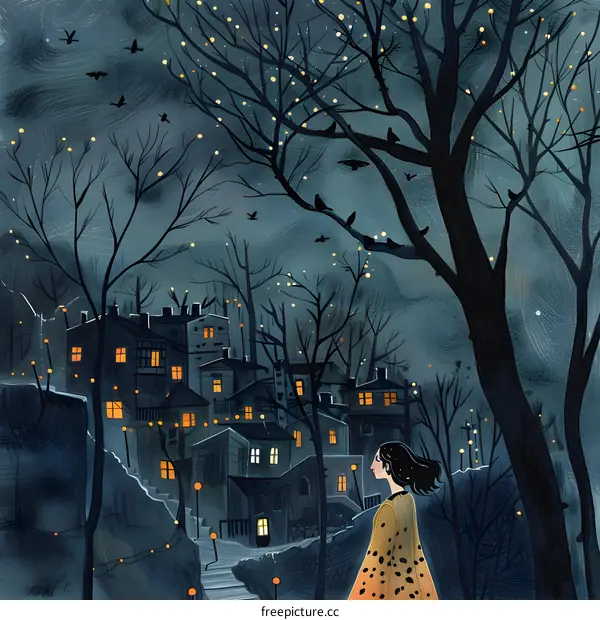 Woman Walking in a Nighttime City Illustration