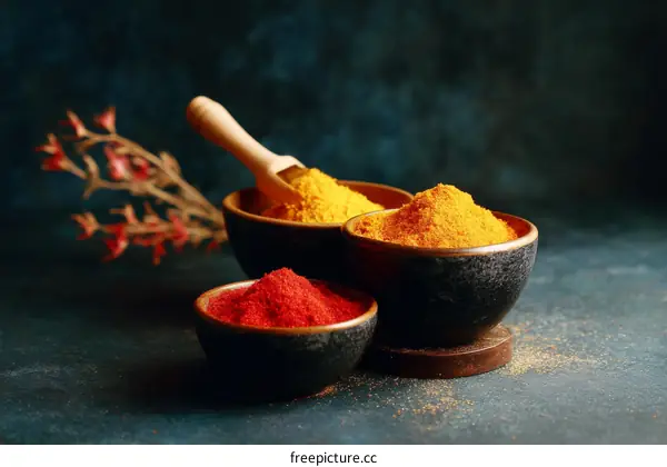 Colorful Spices in Bowls on Dark Background