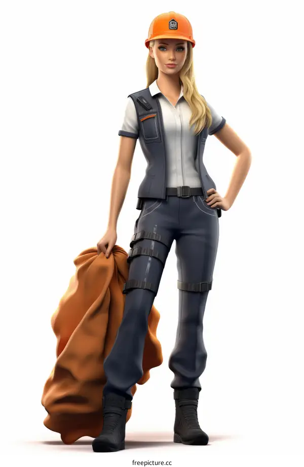 Construction worker wearing hard hat and carrying a sack