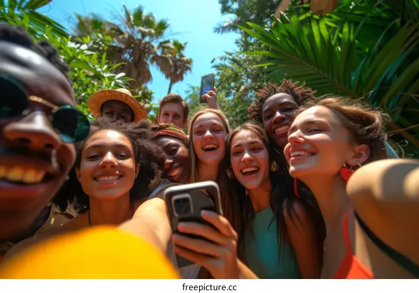 A group of friends taking a selfie in a tropical forest