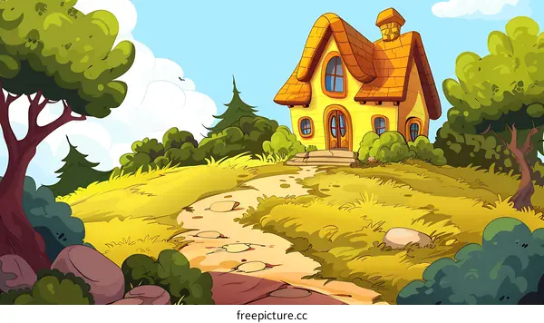 Cartoon Yellow House with Brown Roof in Green Grass