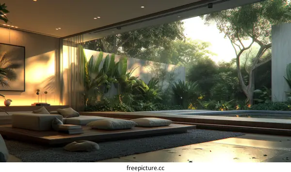 A tranquil space featuring a bedroom and a garden with a pool