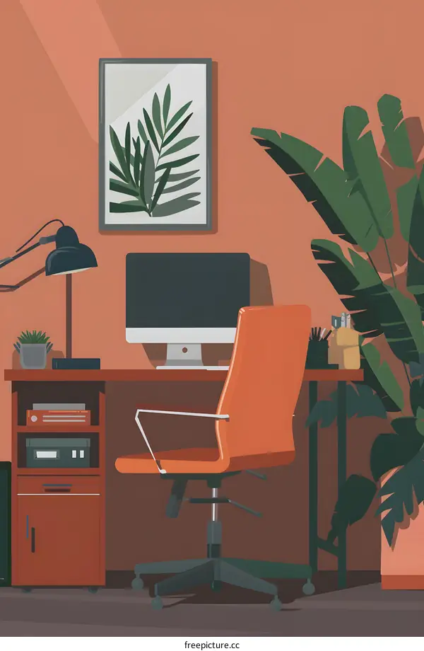 Minimalist Home Office Interior Design with Computer, Desk Lamp, and Plant