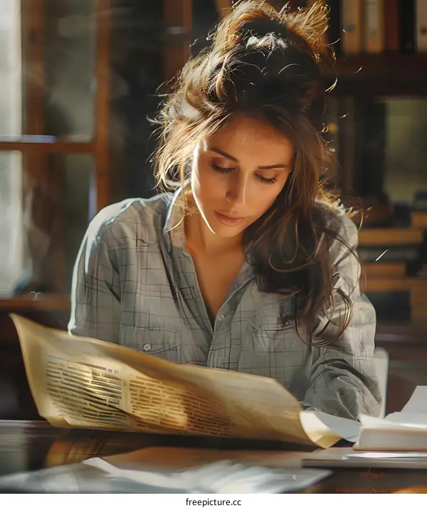 portrait of a young woman reading a book in a library