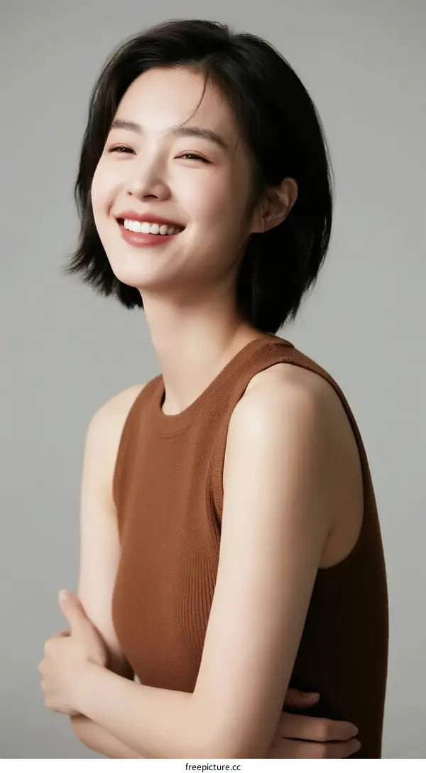 A Young Woman with Short Black Hair Smiling Confidently