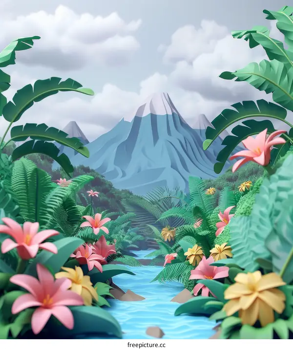 3D illustration of a tropical rainforest with a river running through it