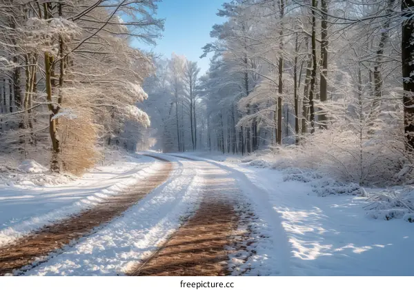Curving snow-covered road through a dense winter forest