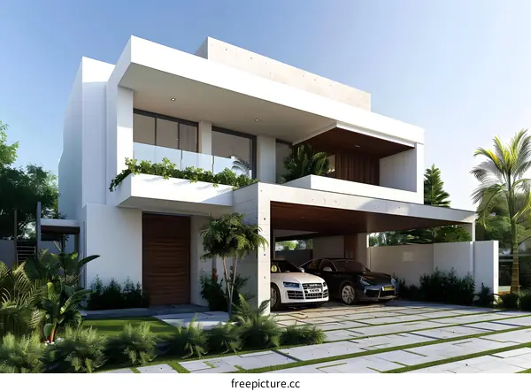 Modern White House With Garage And Balcony