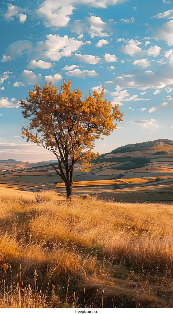 Lonely Tree and Golden Wheat Field at Sunset