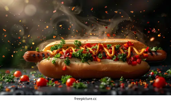 Hotdog with mustard, ketchup, relish, and parsley