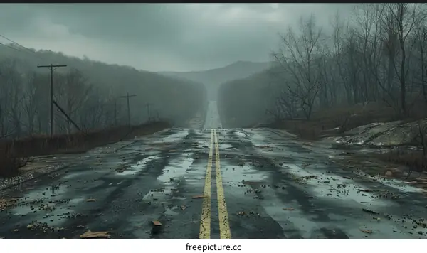 A long and winding road through a dark and stormy forest