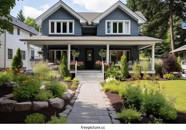 Blue Craftsman-Style Bungalow With a Front Porch and Garden