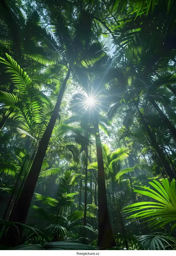 The sun shines through the tall palm trees in the rainforest