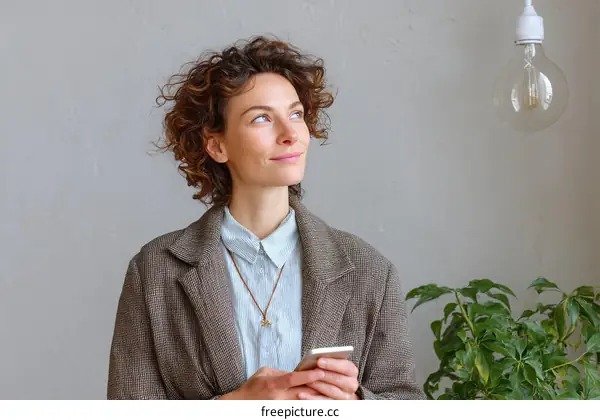 Thoughtful Woman Holding Smartphone in Interior Setting