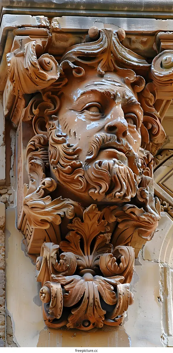 Stone head sculpture with acanthus leaves