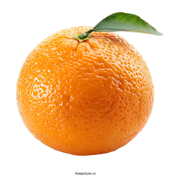 [Transparent Background PNG]A close-up image of a fresh orange with a green leaf