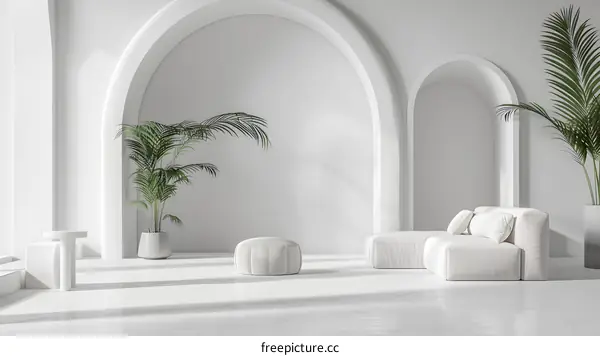 Minimalist White Interior Design with Archways and Green Plants