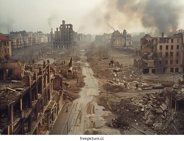 Destroyed city street with rubble and debris from buildings after an air raid
