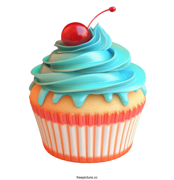 [Transparent Background PNG]Delicious Light Blue Icing Cupcake with Cherry