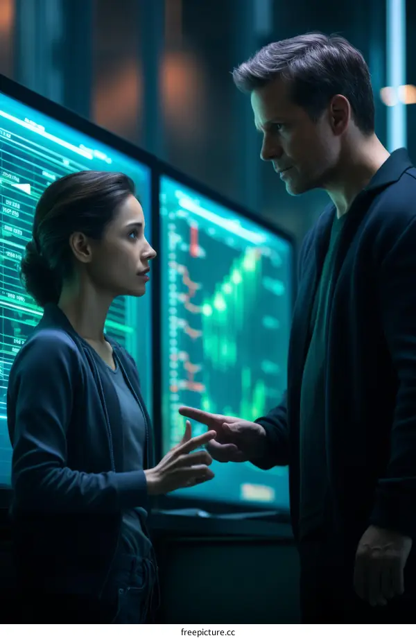 Mysterious Figures in a Dark Room Analyzing Data