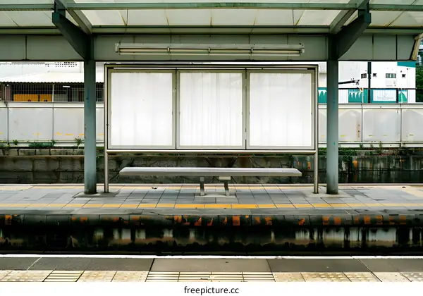 Empty Train Station Platform with Bench and Blank Advertising Panels