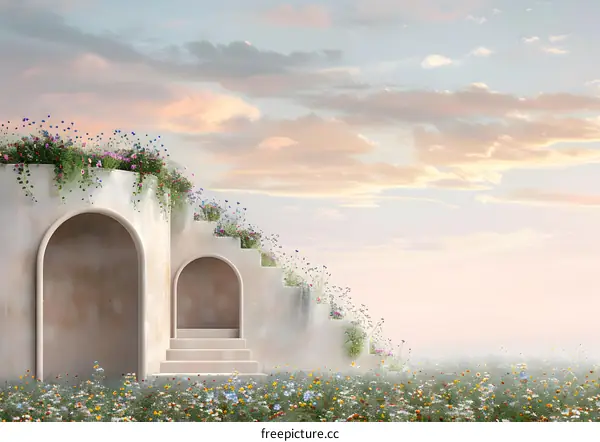 Stone Steps Leading to Sky with Flowers
